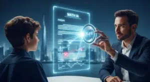 An expert tutor uses a holographic lens to reveal hidden mistakes in a student's IB Math IA, symbolizing examiner insights. The student has a moment of understanding as they see the errors, with a futuristic Dubai skyline in the background.