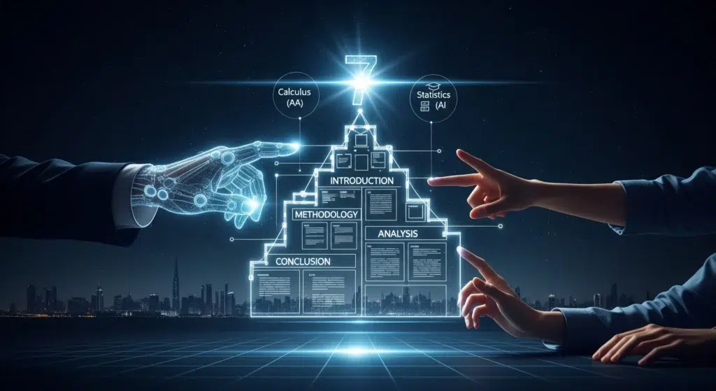 An expert's holographic hand and a student's hand collaboratively building a glowing blueprint for an IB Math IA. The blueprint shows the step-by-step structure from 'Introduction' to 'Conclusion', culminating in a shining number '7' at the pinnacle, with a futuristic Dubai skyline in the background.