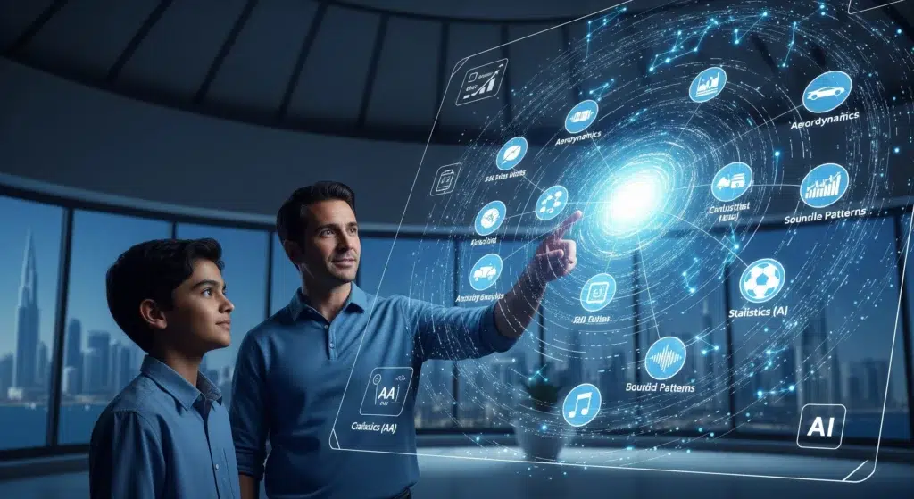 An expert tutor and an inspired student explore a large, holographic "galaxy of ideas" for their IB Math IA. The tutor points to different topic icons, representing the process of finding the perfect project with expert guidance, with the Dubai skyline in the background.