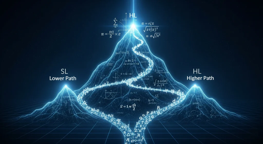 Digital illustration of a mountain made of mathematical formulas, comparing IB Math pathways. The graphic shows the 'SL Lower Path' (Standard Level) and the 'HL Higher Path' (Higher Level) winding towards the illuminated peak labeled 'HL'.