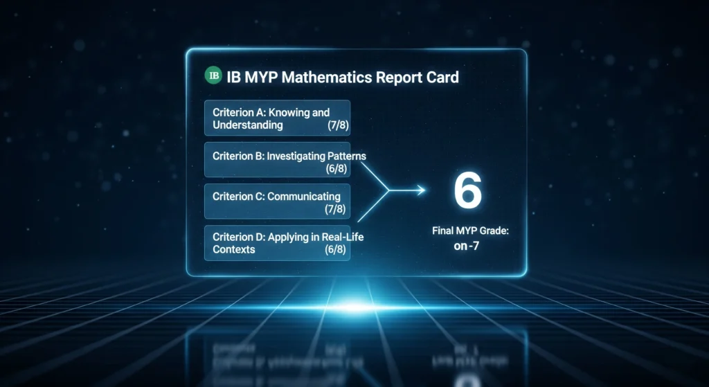 Visualization of an IB MYP Mathematics Report Card. It details the four criteria: A (Knowing and Understanding, score 7/8), B (Investigating Patterns, 6/8), C (Communicating, 7/8), and D (Applying in Real-Life Contexts, 6/8). An arrow points from these criteria to the Final MYP Grade of 6 (on the 1-7 scale).