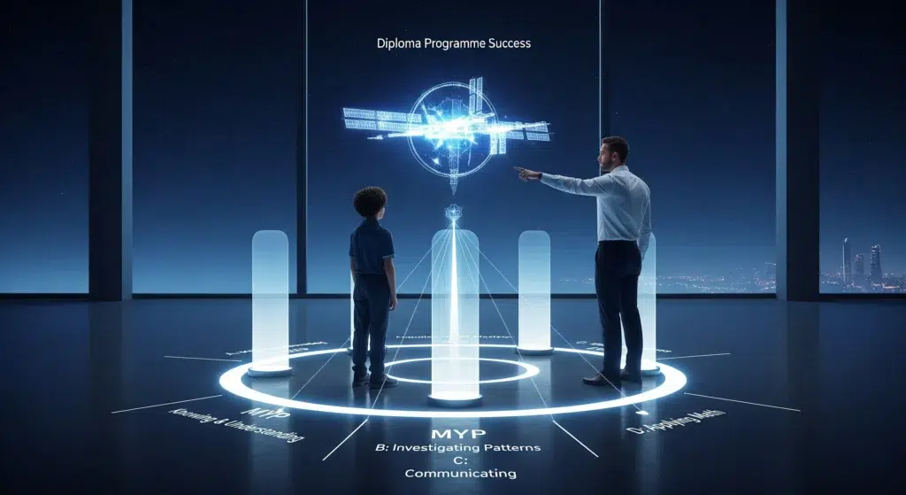 A conceptual hero image showing an expert tutor and a young student on a futuristic "launchpad." The platform is supported by four pillars representing the IB MYP Math criteria, and the tutor is pointing to a holographic space station symbolizing "Diploma Programme Success."
