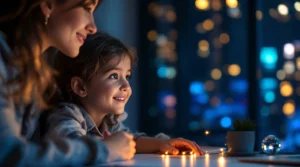 A mother or tutor smiling warmly at a young girl during an engaged evening learning session at home, with blurred city lights (bokeh) in the background.