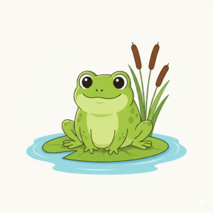 A green frog sitting on a lily pad in a pond