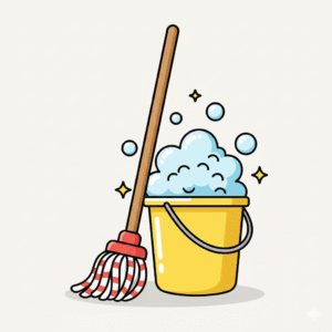 A mop leaning against a bucket with soapy bubbles