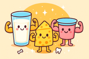 Picture shows a smiling glass of milk, a happy piece of cheese, and a cheerful yogurt cup with cartoon faces