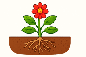 Diagram of a complete plant showing roots, stem, leaves, and flower clearly labeled for educational purposes