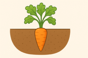 Carrot plant showing the root vegetable underground and green leaves above