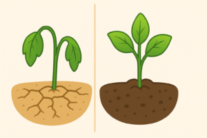 Comparison of a wilting plant without water and a healthy plant with water