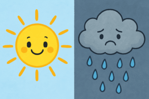 A split illustration showing a happy sun on the left side with bright yellow rays and a smiling face, and a sad rain cloud on the right side with blue-grey colors, raindrops falling, and a frowning face.