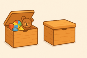Two toy boxes - one with its lid open showing toys inside, one with its lid closed