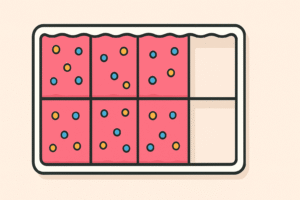 A rectangular cake divided into eight slices with three slices missing