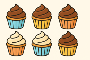 Six cupcakes in rows, four with chocolate frosting and two with vanilla frosting