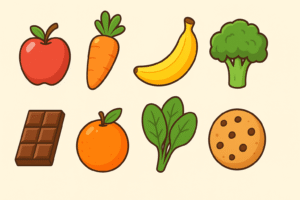Collection of various food items including fruits, vegetables, and snacks