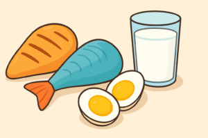 Protein-rich foods including chicken, fish, eggs, and milk