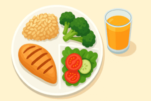A balanced plate with chicken, rice, vegetables, and orange juice