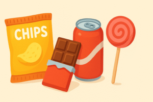 Snack foods including chips, chocolate, soda, and candy