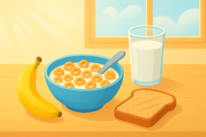 Healthy breakfast with cereal, milk, fruit, and toast