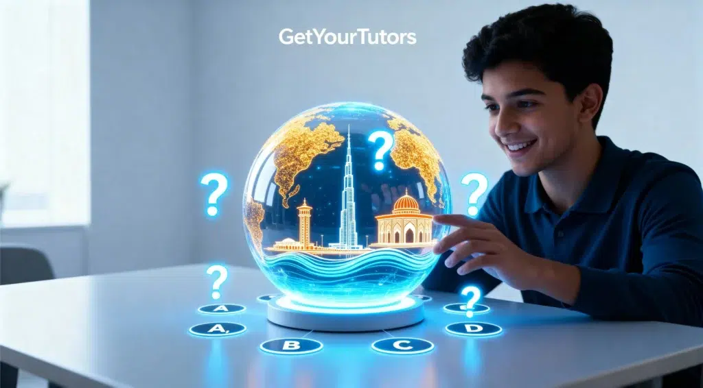 A young adult male looks thoughtfully at a glowing holographic display of Dubai. The display features dynamically blended elements representing modern architecture, historical heritage, the sea, and culture within a shimmering sphere. Surrounding the sphere are glowing quiz elements like question marks and multiple-choice buttons. The image, set in a dark, high-tech environment, conveys intellectual engagement with the General Knowledge Test on Dubai. The title and a call to action are overlaid on the image.