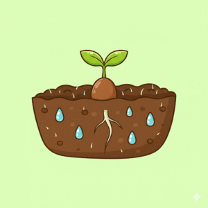 Description: A colorful illustration showing a small brown seed planted in dark soil with a tiny green sprout emerging from it.