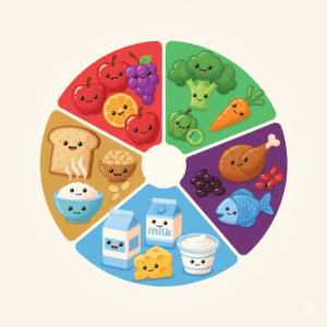 Colorful plate diagram showing five food groups - fruits, vegetables, grains, proteins, and dairy