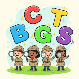 Happy young detectives with magnifying glasses discovering colorful floating letters