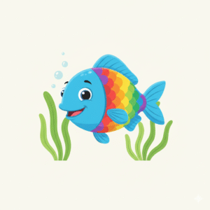 A colorful blue fish swimming with bubbles