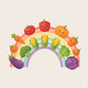 Picture shows a rainbow of vegetables arranged in an arc: red tomatoes and peppers, orange carrots and pumpkin, yellow corn, green broccoli and spinach, purple eggplant and cabbage.