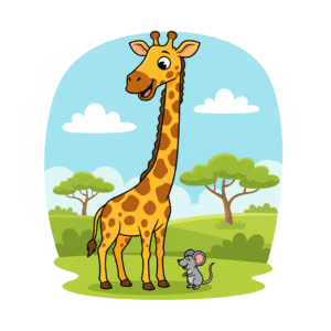 A cartoon illustration showing a tall giraffe standing next to a short mouse. Both animals are smiling. The giraffe's head reaches near some tree leaves while the mouse is at ground level.