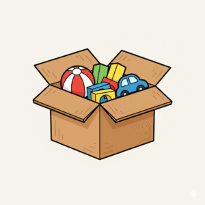 A brown box with an open flap, showing some colorful toys inside (a ball, blocks, and a small car).