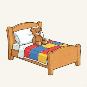 A wooden bed with a colorful patchwork quilt, fluffy pillows, and a teddy bear sitting on it.