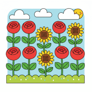 A garden with 10 flowers in two rows. 7 flowers are red roses and 3 flowers are yellow sunflowers.