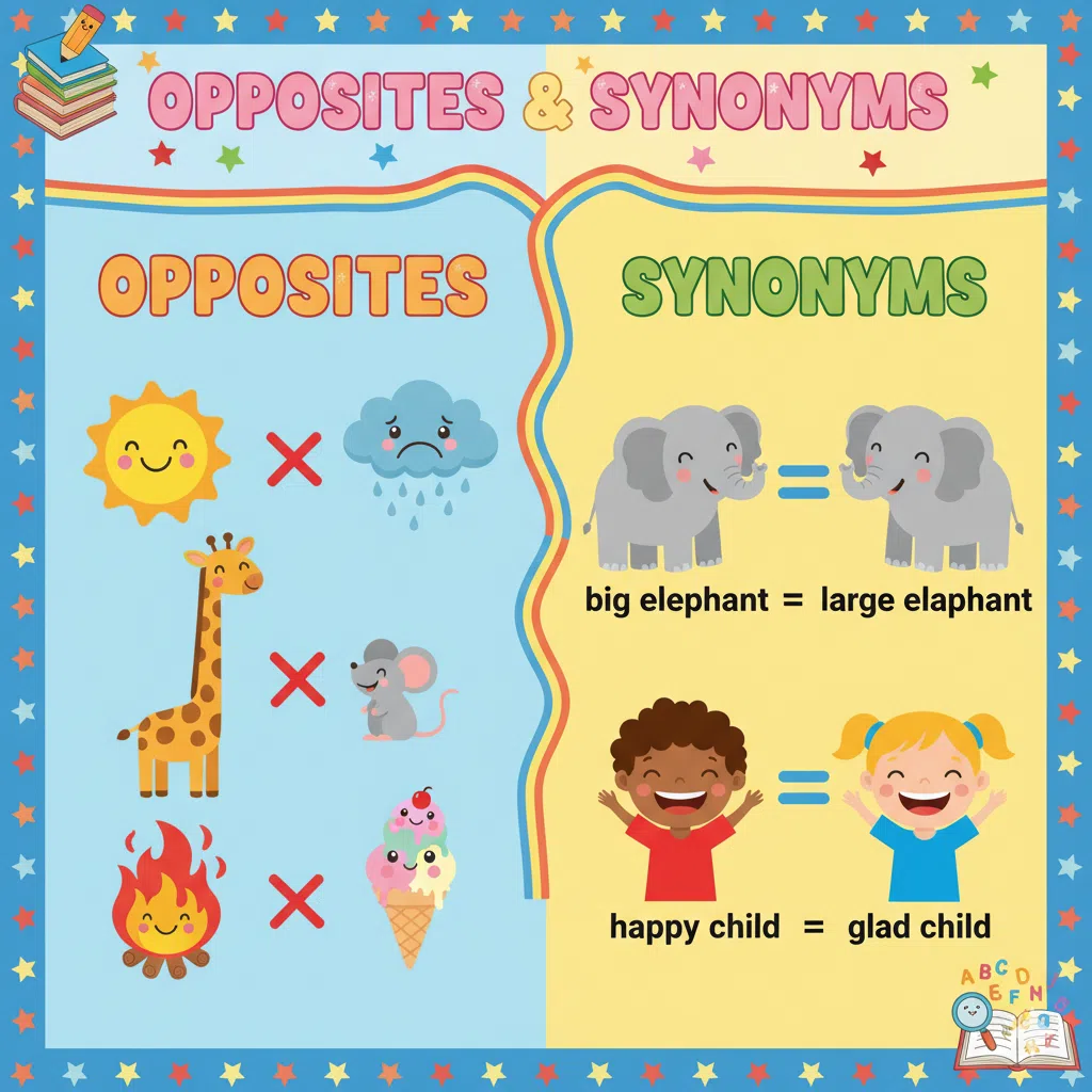 Educational illustration showing examples of opposites like tall giraffe versus short mouse, and synonyms like happy equals glad, designed for young children learning English vocabulary