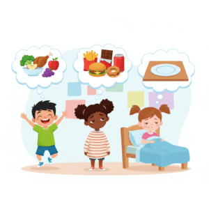 Three children showing different energy levels based on their eating habits - healthy eater is energetic, junk food eater is tired, and meal-skipper is unwell