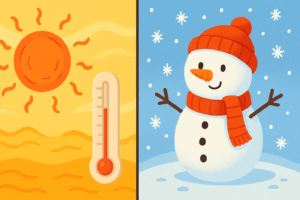 Split image showing a hot red sun on the left and a cold snowman in winter on the right