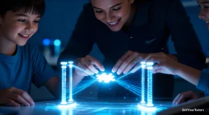 A female chemistry tutor guides two GCSE students using an interactive visualization. They are collaboratively mastering AQA Chemistry Topic 4 concepts (Chemical Changes, Electrolysis, and Redox reactions) with GetYourTutors in Dubai.