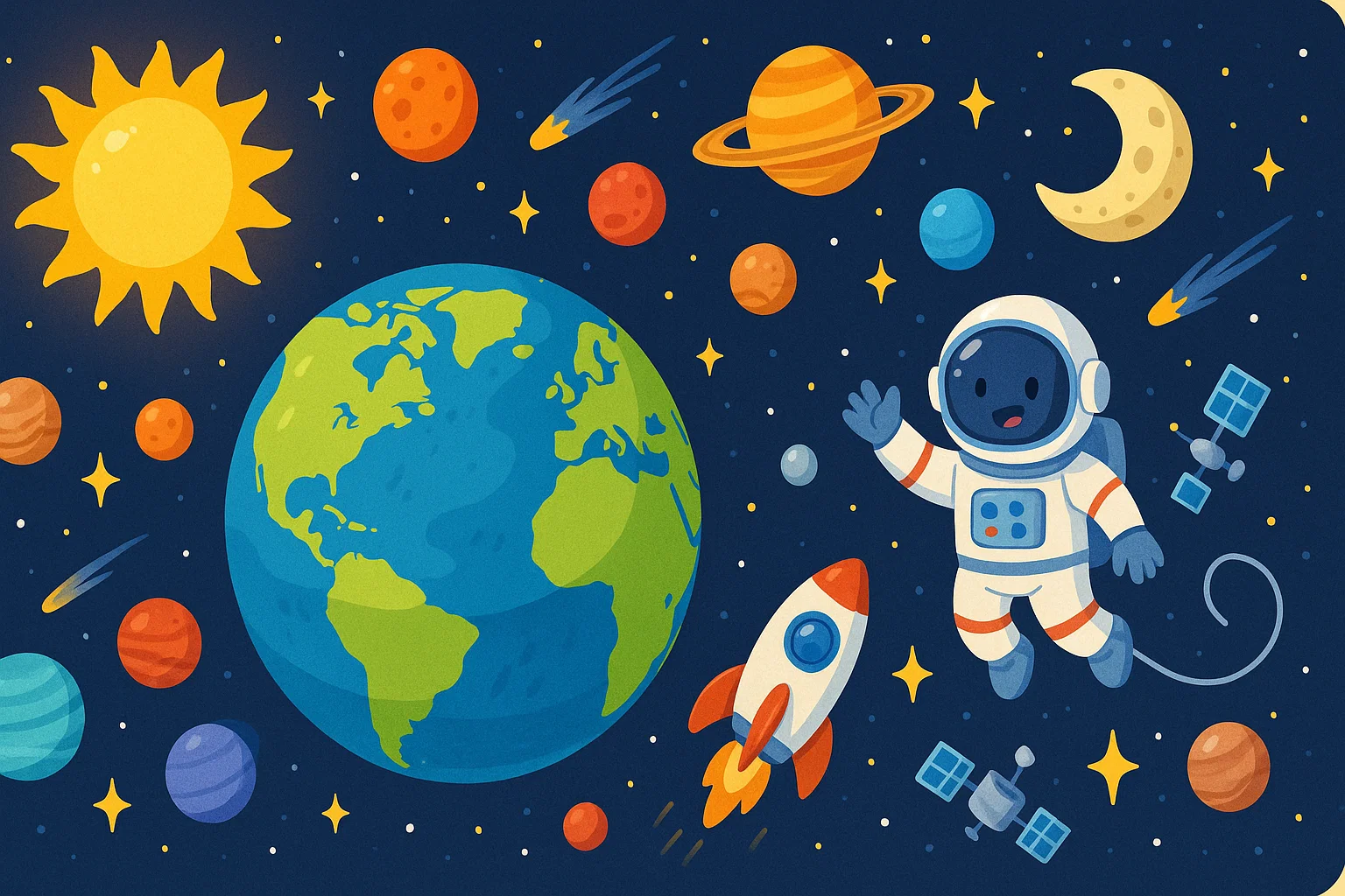 Earth and space educational illustration featuring our planet, solar system, stars, and astronaut for primary school science quiz