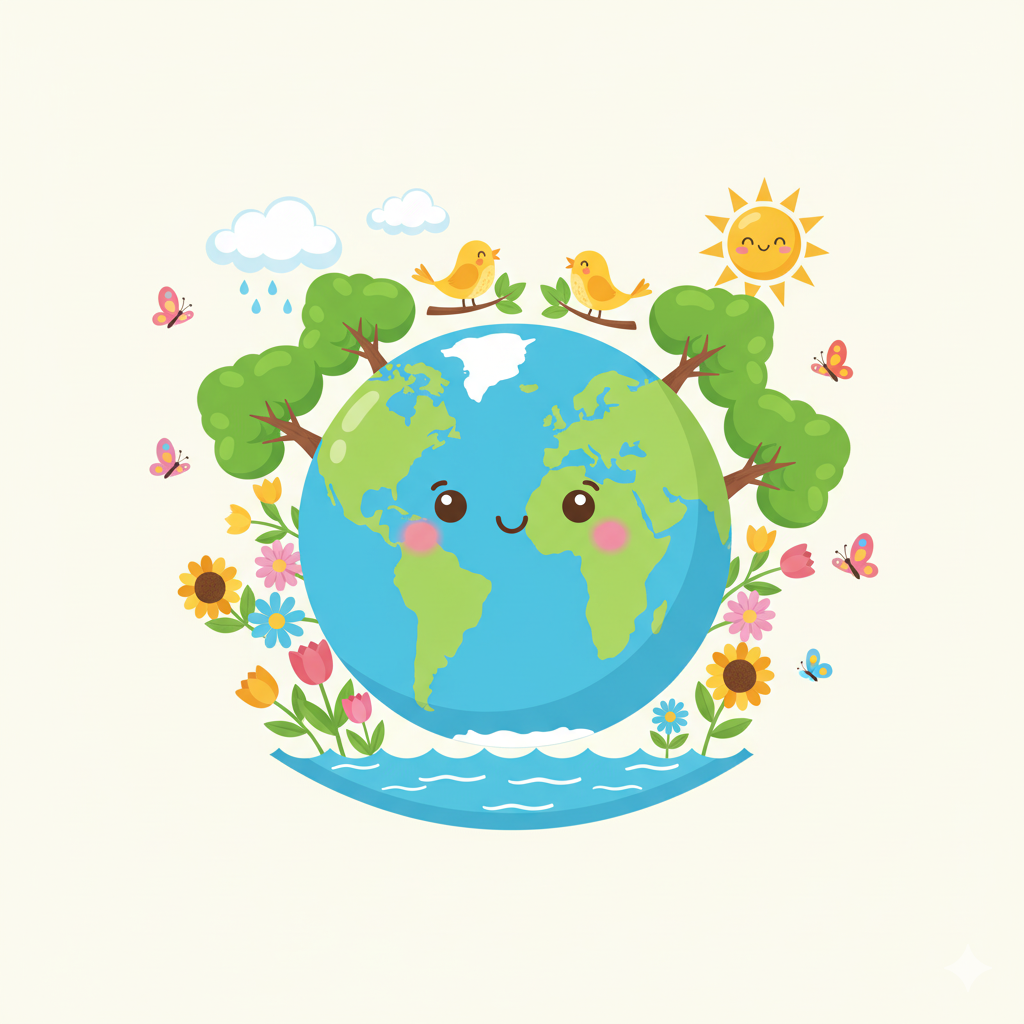 Happy Earth surrounded by nature, animals, sun, and water representing our environment