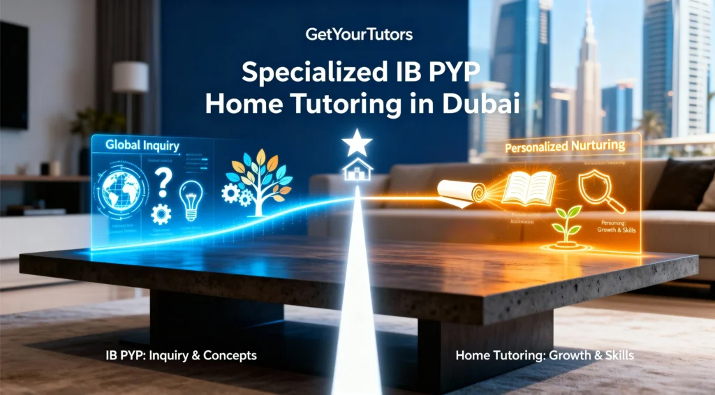 A holographic table display in a modern Dubai apartment visualizes how GetYourTutors' specialized IB PYP home tutoring connects the curriculum's 'Global Inquiry' (blue) with 'Personalized Nurturing' and growth (orange).