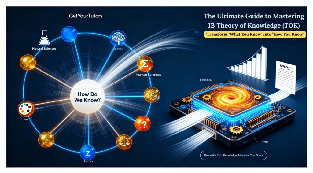 A GetYourTutors hero image for its "Ultimate Guide to Mastering IB Theory of Knowledge (TOK)," visualizing how the central question "How Do We Know?" connects to Areas of Knowledge, which are then processed by a TOK "engine" to produce the Exhibition and Essay.