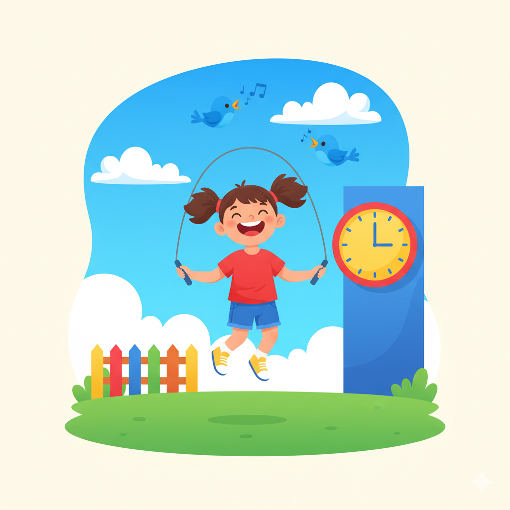 A cheerful girl jumping rope in a playground with a clock showing 3 o'clock