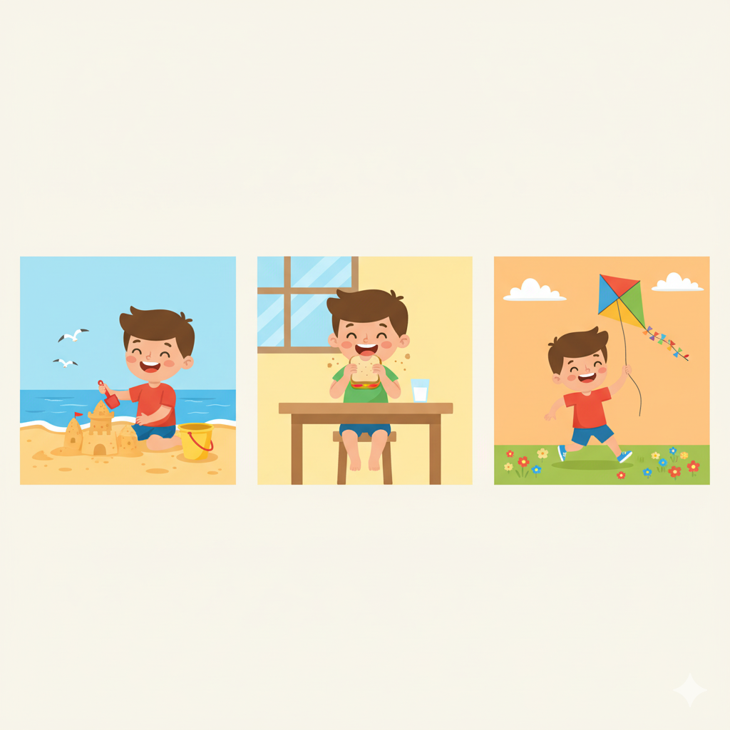 Three panels showing a boy's activities: building sandcastle yesterday, eating lunch now, flying kite tomorrow