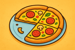 A pizza divided into 4 equal parts with 1 slice eaten and 3 slices remaining