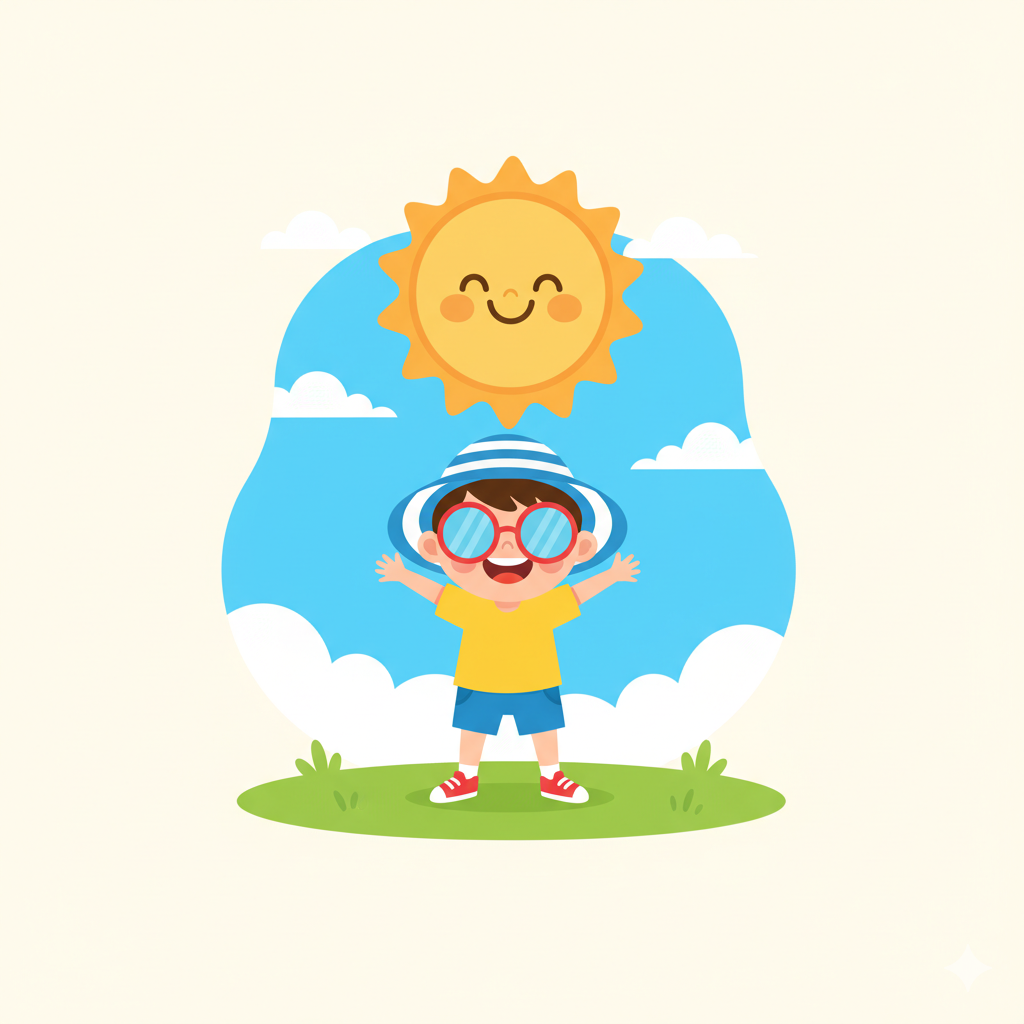 Cartoon illustration of the sun shining brightly on a child wearing protective sun gear