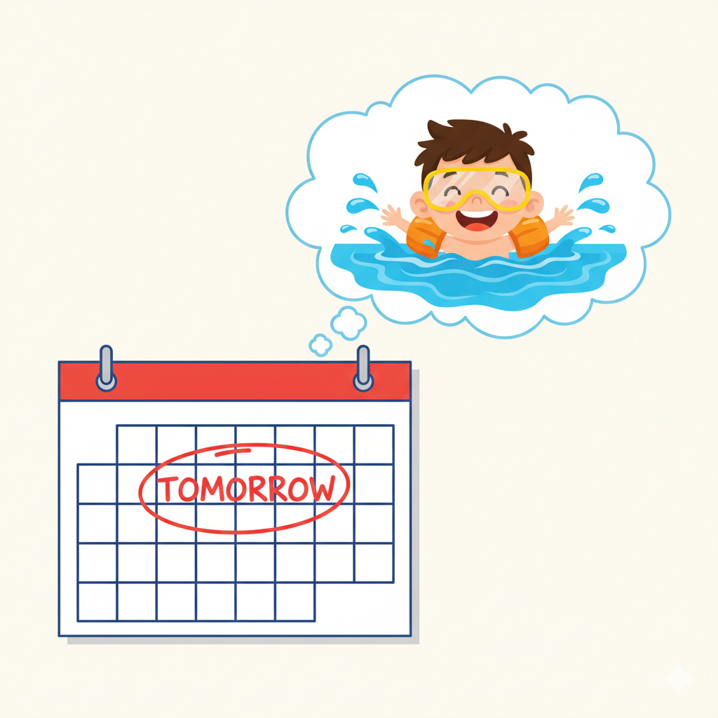 A calendar showing tomorrow's date with a thought bubble of a boy swimming