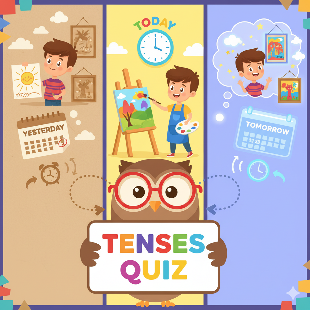 Educational quiz cover showing three scenes of a child's activities across past, present, and future with a friendly owl mascot holding a 'Tenses Quiz' sign