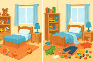 Two versions of a bedroom - one clean and tidy, one messy and untidy