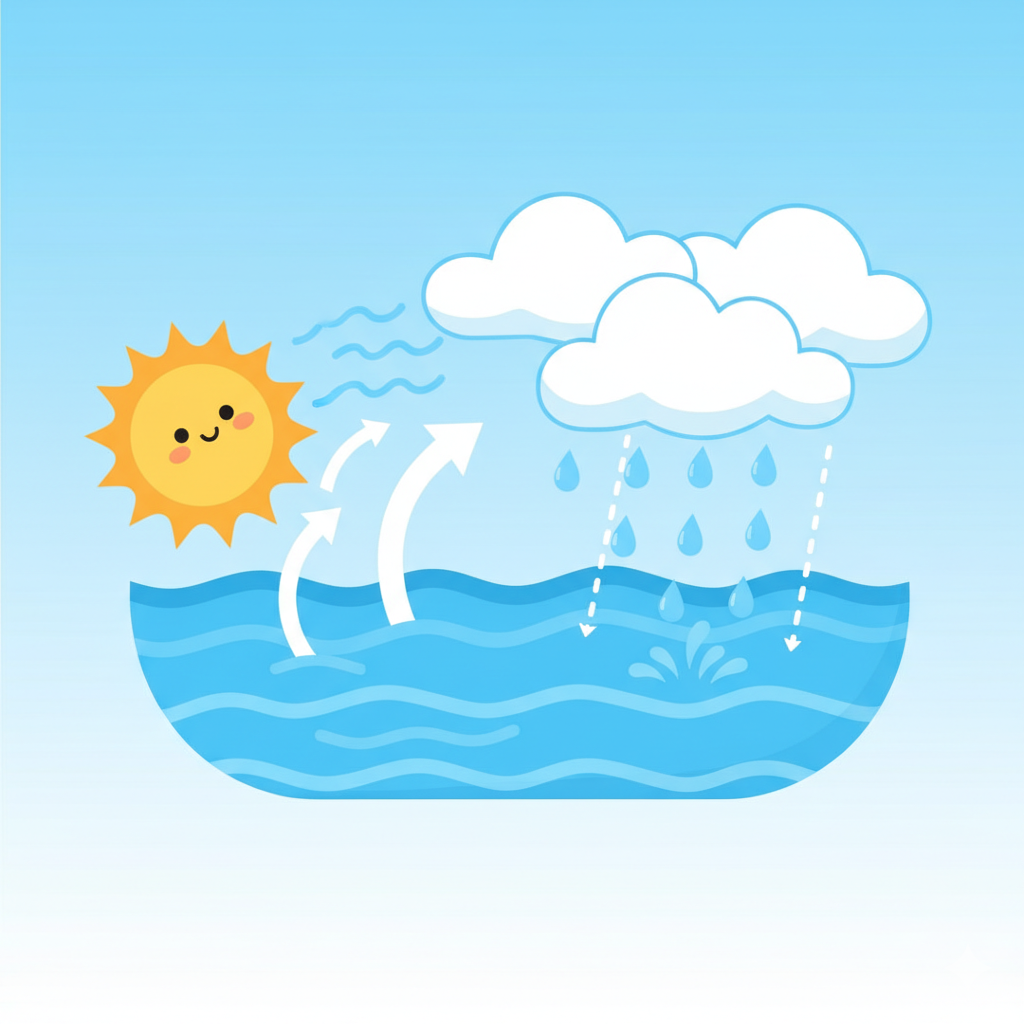 Simple diagram showing water evaporating from ocean, forming clouds, and falling as rain