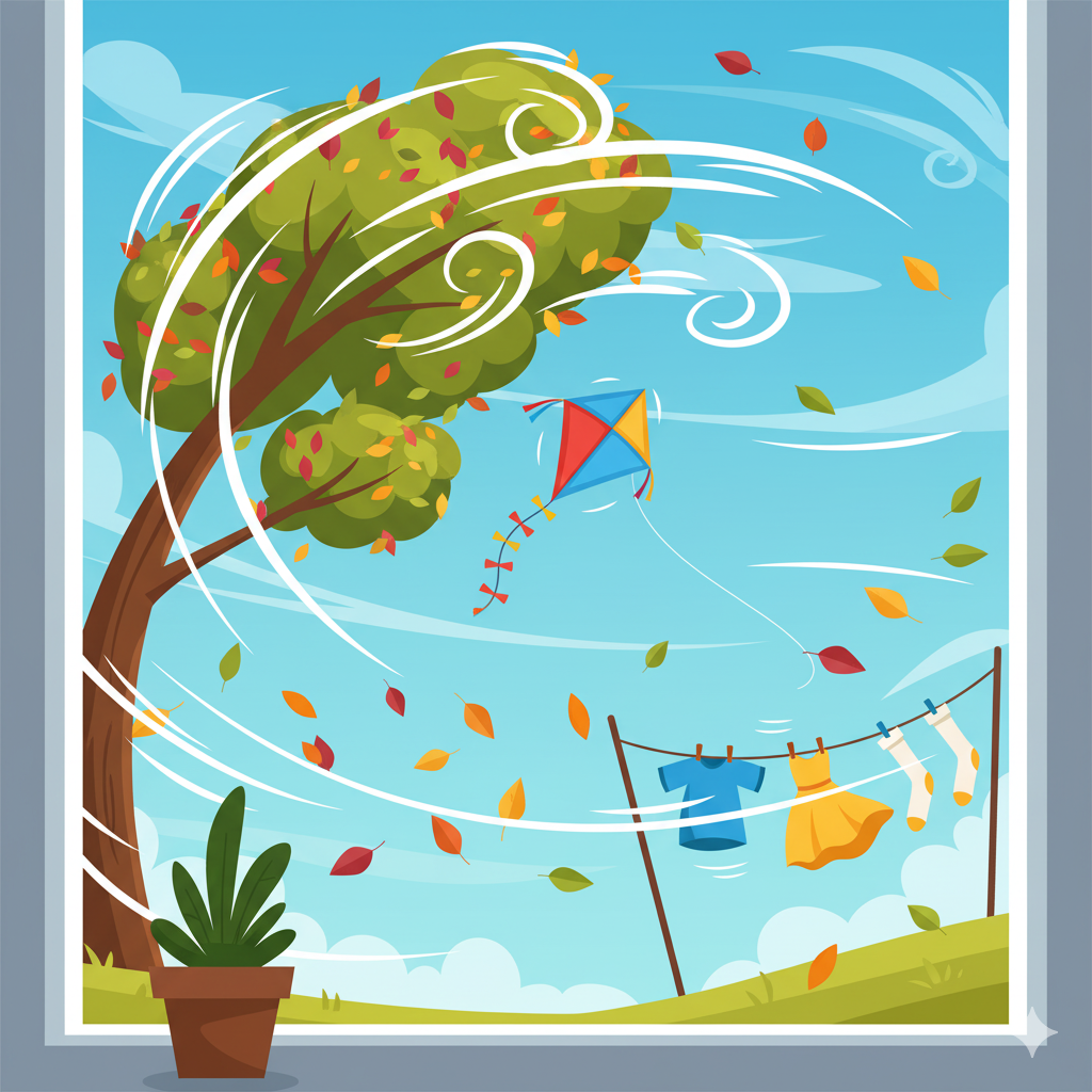 Windy day scene with trees bending, leaves blowing, and kite flying in the wind