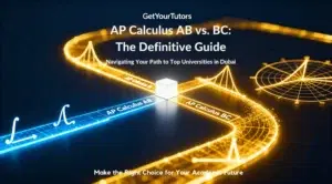 A GetYourTutors graphic titled "AP Calculus AB vs. BC: The Definitive Guide" showing two glowing pathways. A blue path labeled "AP Calculus AB" and a more complex orange path labeled "AP Calculus BC" diverge from a central cube, visualizing different academic tracks.
